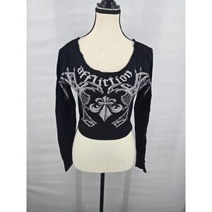 Affliction Live Fast Womens Black Thermal Graphic Cropped Long Sleeve Top Small